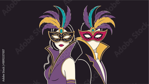 A colorful illustration of two people wearing masquerade masks and feathered headdresses on transparent background