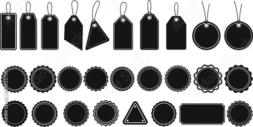Blank price tag and label silhouettes set, sale discount badges shapes, retail marketing stickers, product branding vector illustration