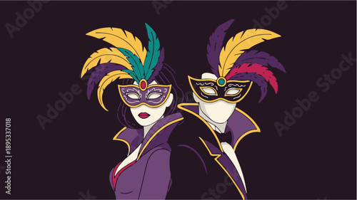 A colorful illustration of two people wearing Mardi Gras masks and feathered headdresses on transparent background