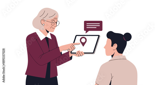 Senior Woman Explaining Location Technology on Tablet to Colleague. Intergenerational Guidance, Digital Map Pin, and Communication Illustration.