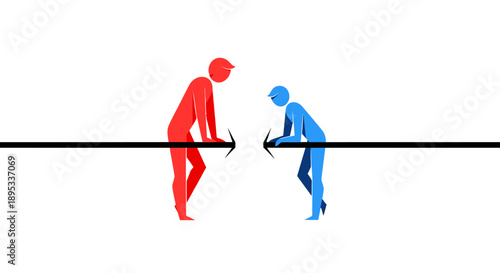 Duality and Opposition: Red and Blue Figures Lean on Opposing Arrows. Conflict, Negotiation, Debate, and Rivalry Concept Vector Illustration.