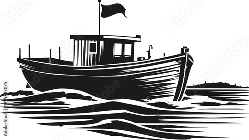 Vintage style woodcut illustration of a traditional fishing boat sailing on rough ocean waves, a classic maritime vessel with a flag.