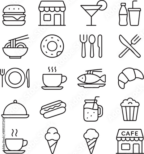 Food and Drink Outline Icon Set – Minimal Line Vector Icons on White Background