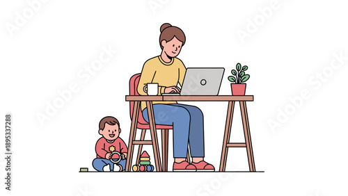 Vector illustration of a mother working from home using a laptop while her baby plays on the floor.