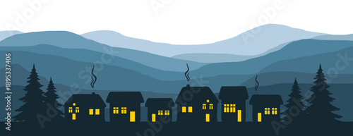a flat vector Cozy mountain village at dusk with warm home lights