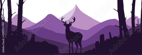Majestic deer standing in forest with purple mountain landscape
