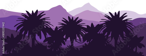 a flat vector Serene purple mountain landscape with palm trees silhouette