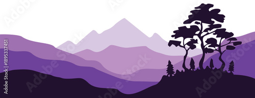 Serene purple mountain landscape with silhouetted trees on hill
