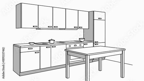 Modern Minimalist Kitchen Interior Line Art Illustration. Kitchen Cabinets, Stove, and Dining Table Design.