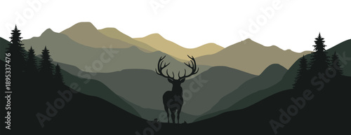 Majestic deer standing in front of stunning mountain landscape with trees
