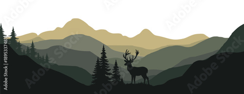 a flat vector Majestic deer standing in front of stunning mountain landscape with pine trees