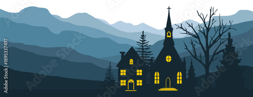 a flat vector Haunted house on a spooky mountain landscape with a full moon