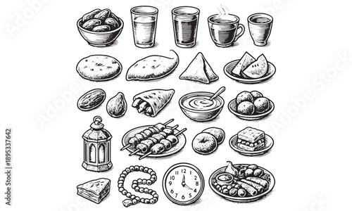 Ramadan Food and Iftar Icons Set