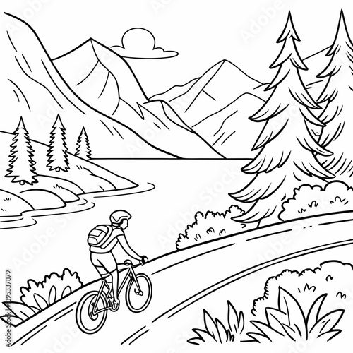 Black and white illustration coloring page of a person cycling on a scenic trail by a mountain lake for a coloring book page