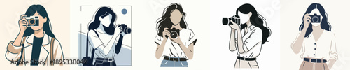 A woman with a camera taking pictures, simple flat illustration, white background