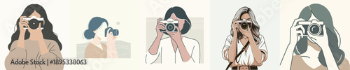 A minimalist flat illustration of a woman taking pictures with a camera on a white background