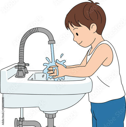 Cute cartoon boy washing hands at sink, child hygiene illustration promoting cleanliness, health safety, personal care, and daily routine concept