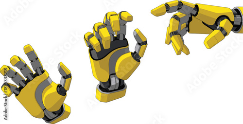 Futuristic yellow robotic hand movement collage 3D vector illustration