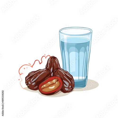 Illustration of fresh drinks and dates for iftar menu design.