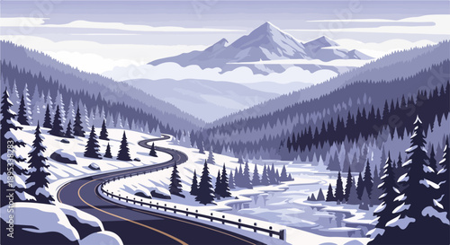 Scenic winter landscape illustration shows snowy hills, bare trees, winding path. Frosty evergreen pines, distant village, serene sunrise define peaceful winter landscape.