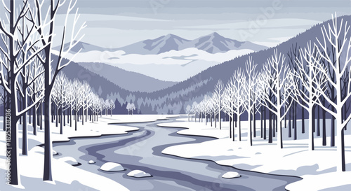 Scenic winter landscape illustration shows snowy hills, bare trees, winding path. Frosty evergreen pines, distant village, serene sunrise define peaceful winter landscape.