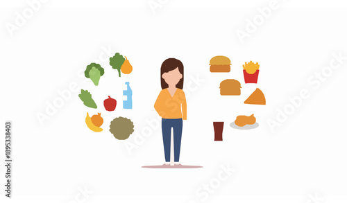 Woman choosing between healthy and unhealthy food flat vector illustration