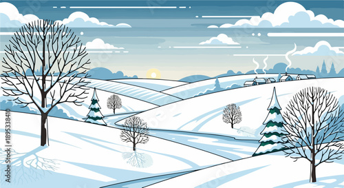 Scenic winter landscape illustration shows snowy hills, bare trees, winding path. Frosty evergreen pines, distant village, serene sunrise define peaceful winter landscape.