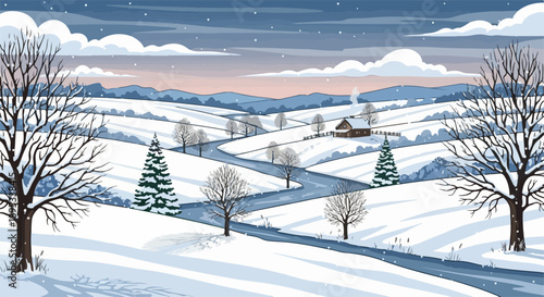 Scenic winter landscape illustration shows snowy hills, bare trees, winding path. Frosty evergreen pines, distant village, serene sunrise define peaceful winter landscape.