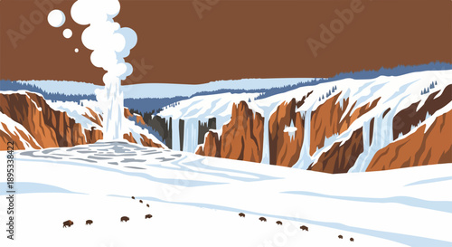 Scenic winter landscape illustration shows snowy hills, bare trees, winding path. Frosty evergreen pines, distant village, serene sunrise define peaceful winter landscape.
