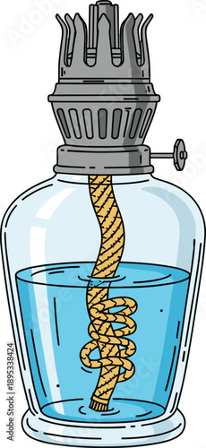 Glass oil lamp with blue fuel and twisted wick vintage kerosene lantern illustration isolated on white background