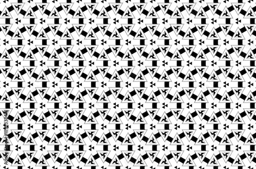 A black and white patterned background with triangles and squares