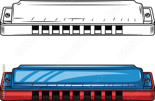 Harmonica illustration showing black and white outline and colorful version, musical instrument design, blues music concept, and sound education graphic