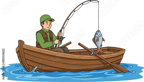 Illustration of cheerful fisherman catching fish from wooden rowboat on calm water, cartoon style fishing activity outdoors concept