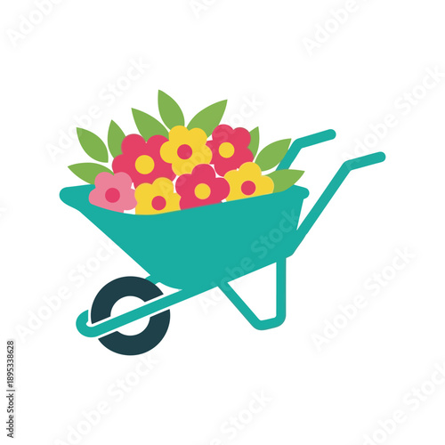 Garden wheelbarrow with flowers vector clipart, colorful spring gardening illustration