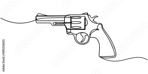 pistol continuous one line drawing, Revolver vector illustration continuous one line drawing, Continuous line art drawing of gun. One line drawing hand holding the pistol. Vector illustration