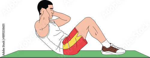 Man doing sit up exercise on fitness mat, flat cartoon illustration for workout training, abdominal strength, home fitness, and healthy lifestyle concept