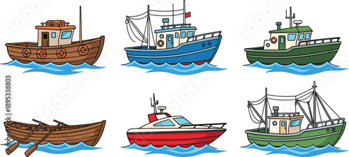 Set of fishing boats and small ships cartoon vector illustration collection of marine vessels on sea waves isolated