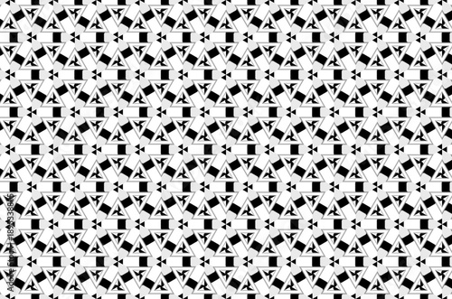 A black and white patterned design with triangles and squares background