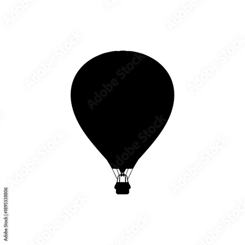 A simple black silhouette of a hot air balloon with a basket against a white background, symbolizing adventure and travel.