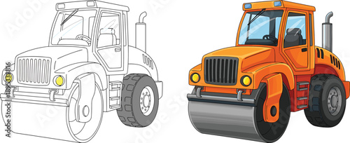 Road roller construction vehicle illustration showing black and white outline versus colored version, heavy machinery design, engineering, and industrial concept