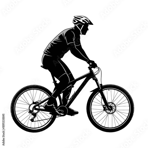 Silhouette of a man riding a mountain bike, depicted in a dynamic side profile against a white background.