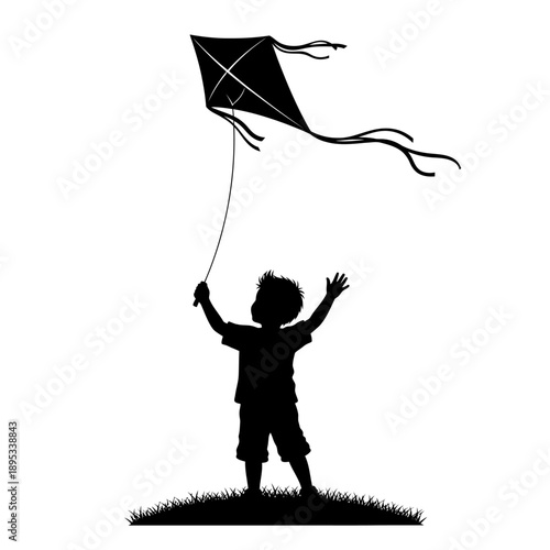 Silhouette of a young boy joyfully flying a kite on a grassy hill against a white background.