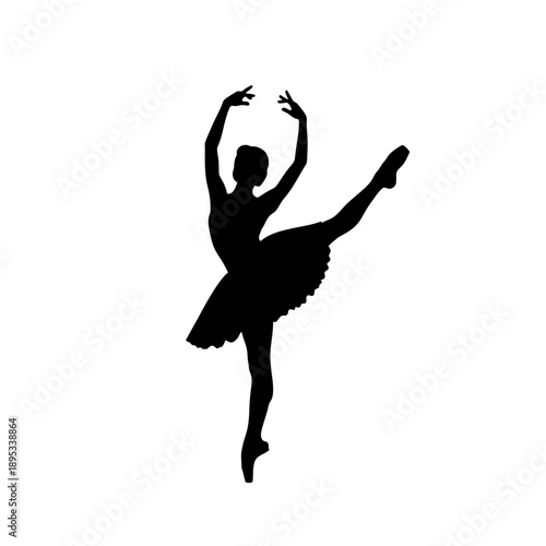 Silhouette of a ballerina in a graceful pose, performing a ballet dance on a white background.