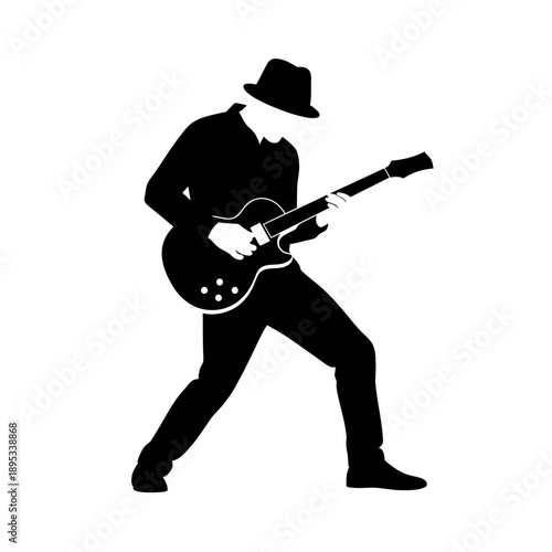 Silhouette of a man playing an electric guitar, wearing a fedora hat, in a dynamic pose.