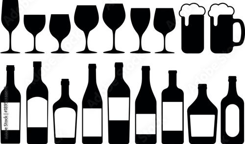 Collection of black silhouette drink glasses and bottles with foamy beer mugs isolated on white