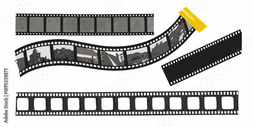 Film strip with images of a city and secured with tape