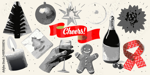 Festive holiday decorations including a champagne bottle and gingerbread man