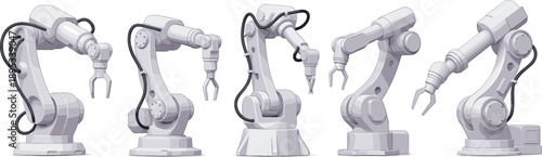 Set of different industrial robotic arms 3D style vector illustration isolated