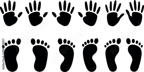 Collection of Black Silhouette Hand and Foot Prints Isolated on Transparent Background