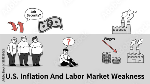U.S. Inflation and Labor Market Weakness Infographic with Economic Symbols.